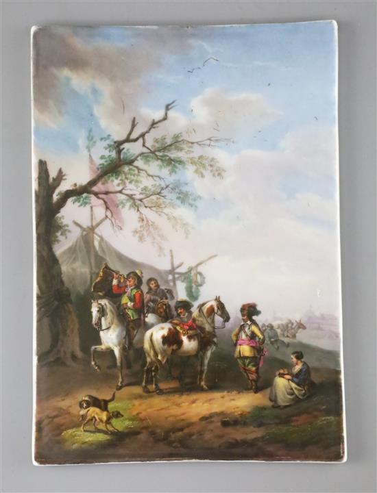 A KPM Berlin porcelain plaque painted with a scene of a cavalry encampment, after Philips Wouwerman, 20cm x 14cm